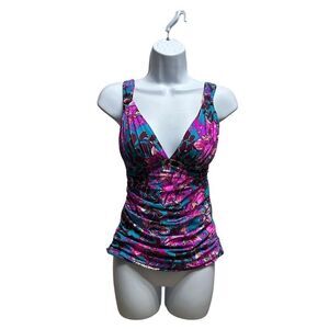 Lily Pulitzer Blue Pink Ruched Tummy Control Swim Top Size 2